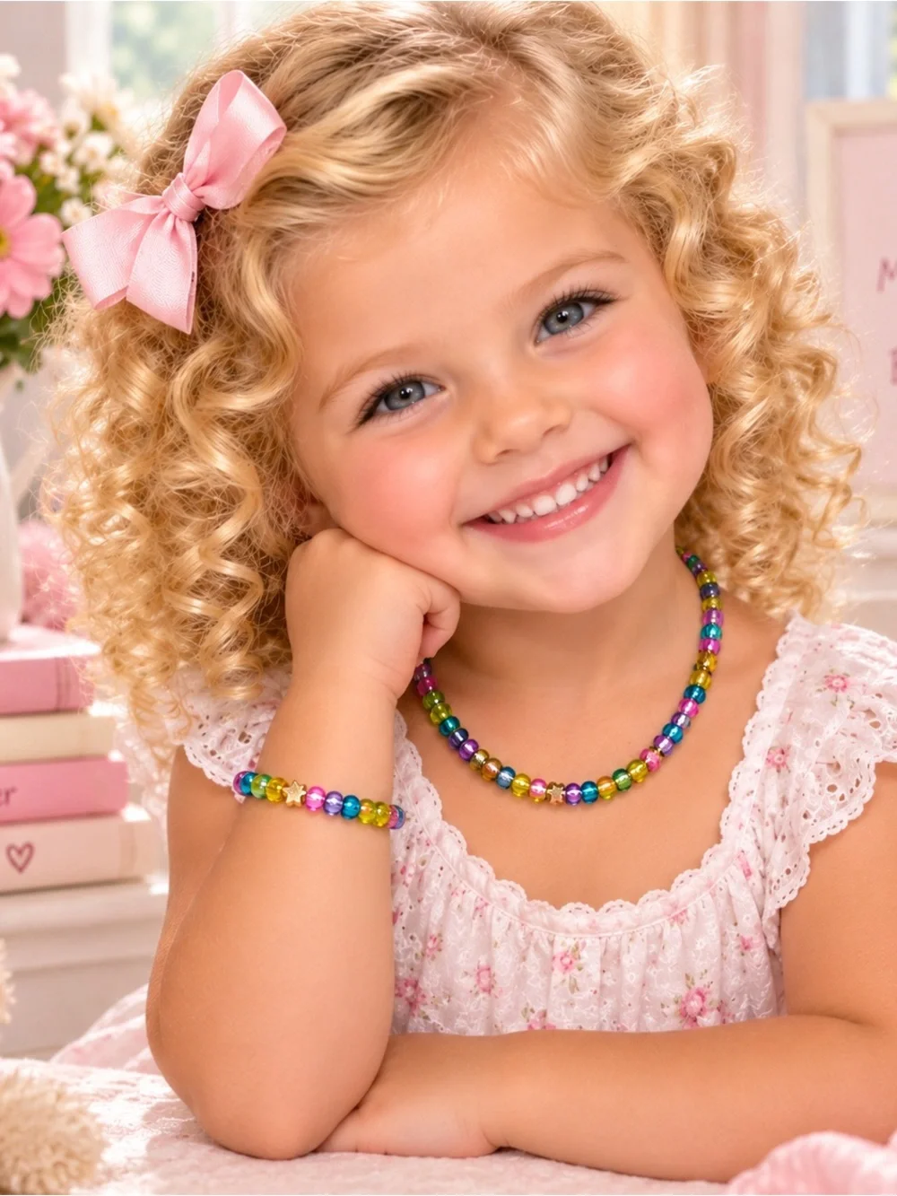 Children’s Rainbow Glass Bead Necklace Gold Accents Colorful Artisan Jewelry